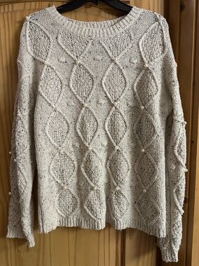 Another Love Cream Cable-Knit Sweater with Pearl Accents
